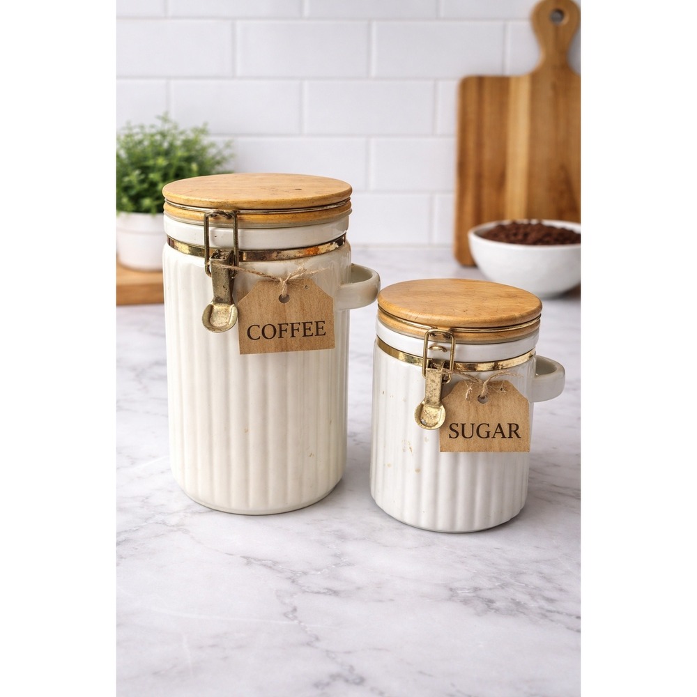 Vintage Ceramic Canister‎ Set Wood Lids Clamp Latch Farmhouse Kitchen Storage B2